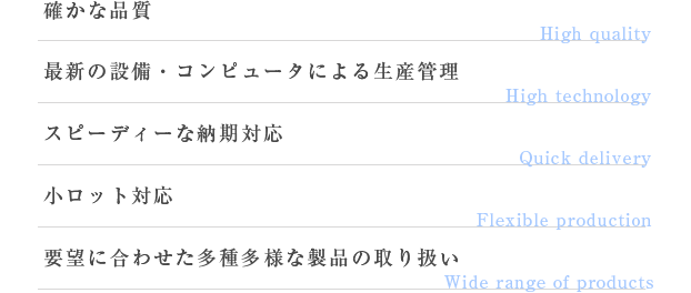 確かな品質 最新の設備・コンピュータによる生産管理 スピーディーな納期対応 小ロット対応 要望に合わせた多種多様な製品の取り扱い